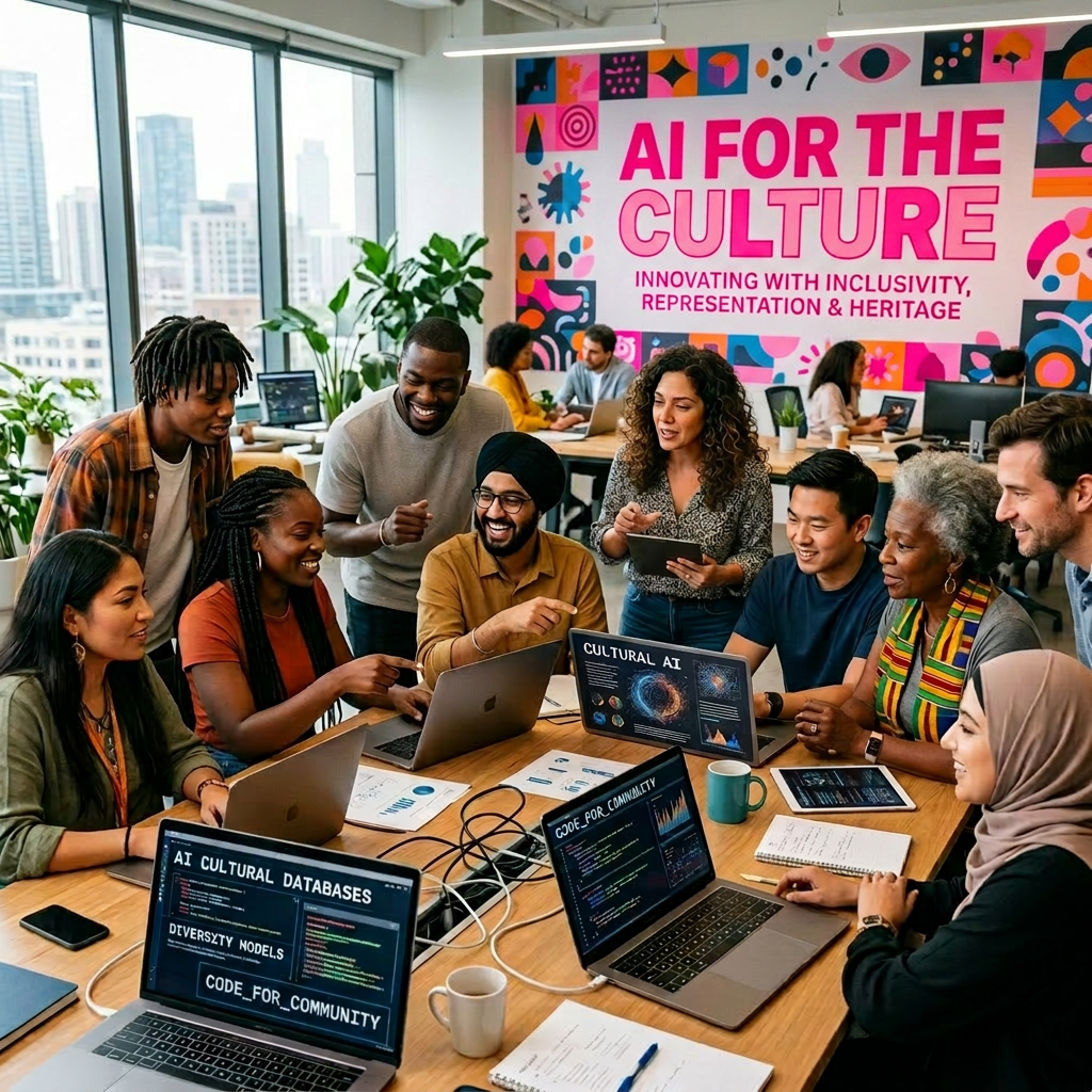Diverse group of people collaborating on AI technology focused on culture and inclusivity