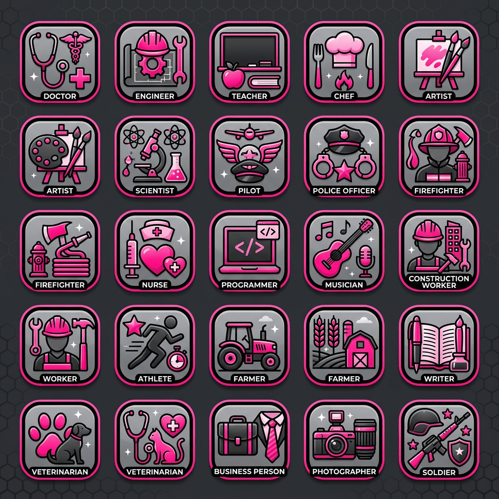 Icons representing doctor, engineer, teacher, chef, artist, scientist, pilot, police officer, firefighter, nurse, programmer, musician, construction worker, worker, athlete, farmer, writer, veterinarian, business person, photographer, soldier