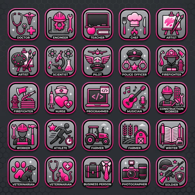 Icons representing doctor, engineer, teacher, chef, artist, scientist, pilot, police officer, firefighter, nurse, programmer, musician, construction worker, worker, athlete, farmer, writer, veterinarian, business person, photographer, soldier