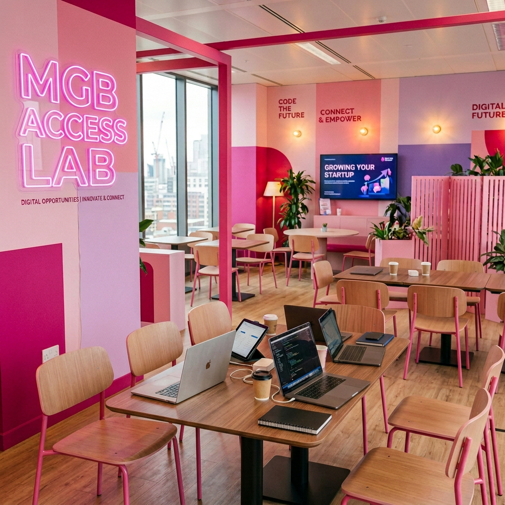 Group of diverse people working together on laptops in a pink-themed tech workspace